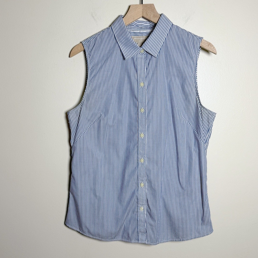 Banana Republic Womens Cotton Sleeveless Button Up 14 Blue Stripe Non-Iron